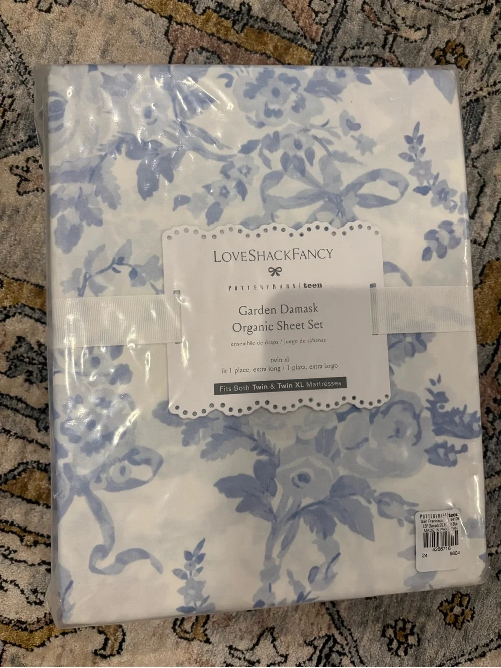 POTTERY BARN TEEN LOVESHACKFANCY GARDEN DAMASK ORGANIC SHEET SET TWIN XL BLUE